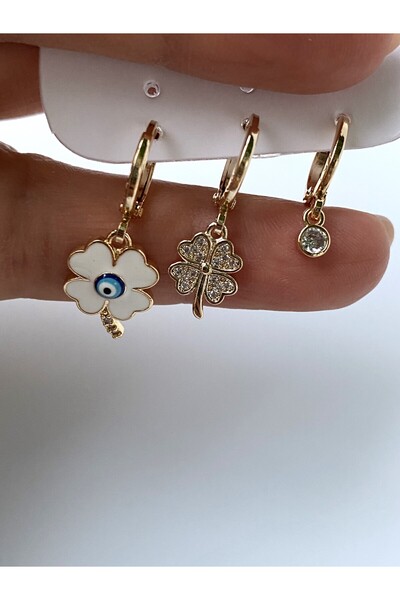 kurukafagift Stone Detailed Triple Clover Earrings Set