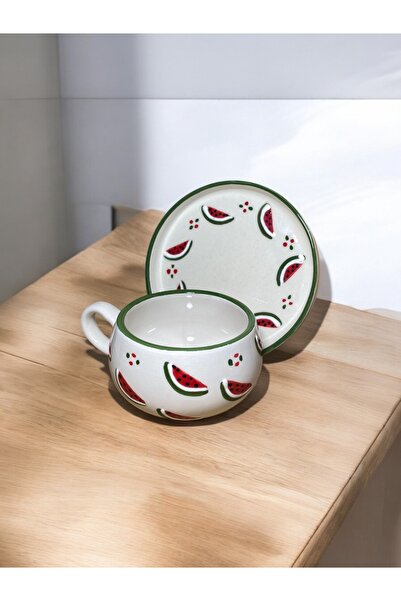MOSHOME Karpuz Desenli El Yapımı Tabaklı Seramik Kupa, Çay Ve Kahve Fincanı