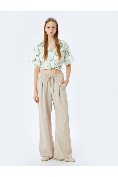 Koton Straight Leg Pleated Trousers with Lace-Up Waist Pockets