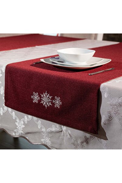 ASDİVA Nakışlı, Yılbaşı Konsepti  Kar Tanesi Desen 45x140 Dekoratif Runner Bordo