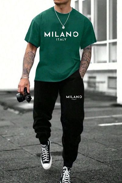 NO 601 Men's Green Milano Printed T-Shirt Black Tracksuit Bottom Top Set