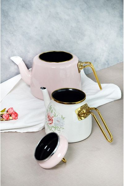Bayev Enameled Clodia Pink Retro Floral Patterned Teapot - 201341