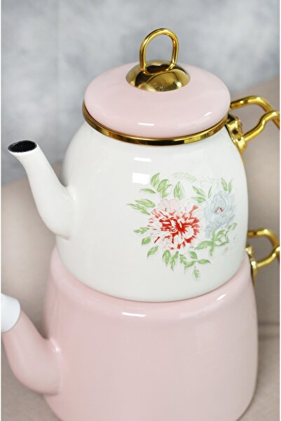 Bayev Enameled Clodia Pink Retro Floral Patterned Teapot - 201341