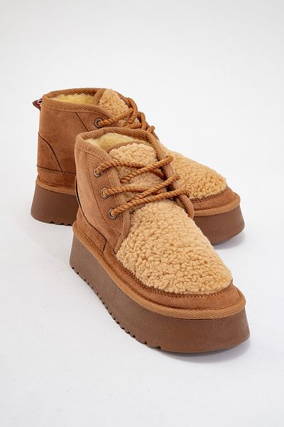 LuviShoes Γυναικείες αθλητικές μπότες TYSON Tan Suede Shearling με χοντρή σόλα με κορδόνια