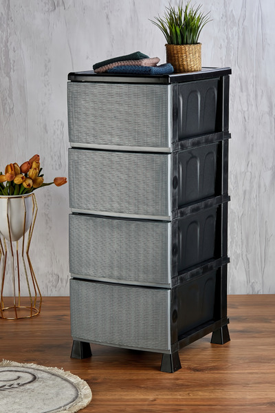 Homie 4 Katlı Çekmeceli Hasır Desenli Kapaklı Plastik Komidin - Sebzelik - Çekmece