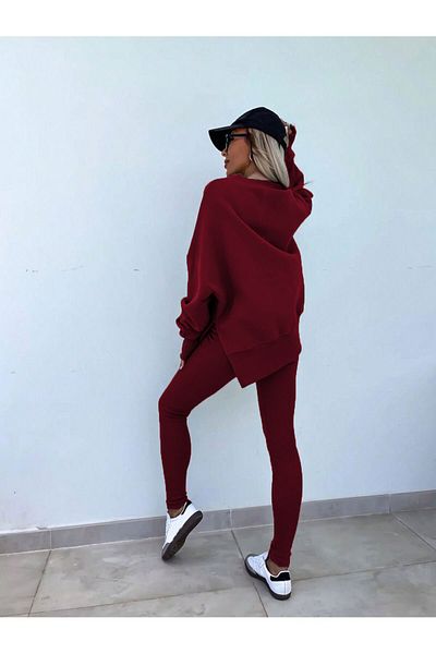Know Women's Burgundy Slit Detailed Crew Neck Bottom Top Leggings Tracksuit Set