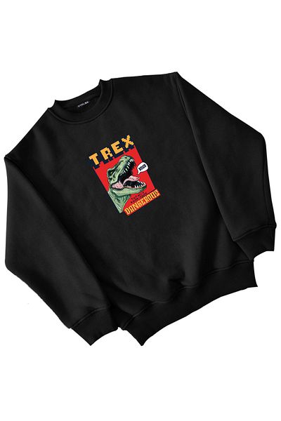 Vtklmn Vatkalimon Kids Черен суитшърт с щампа на динозавър T-Rex за момичета и момчета