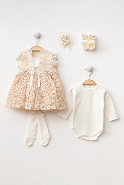 Petite Ponpon Baby Yeni Model Kız Bebek0-6Ay Yenidoğan Elbise 6'Lı Mevlütlük Set Bolerolu Fransız Dantelli Elbise mt334