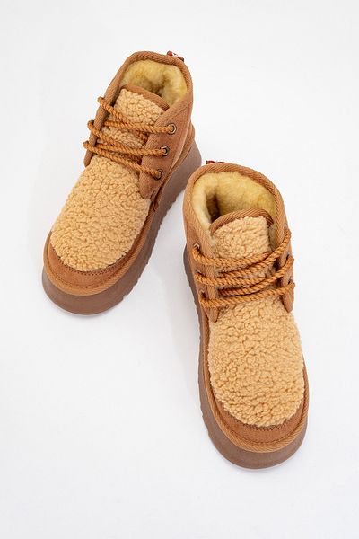 LuviShoes Γυναικείες αθλητικές μπότες TYSON Tan Suede Shearling με χοντρή σόλα με κορδόνια