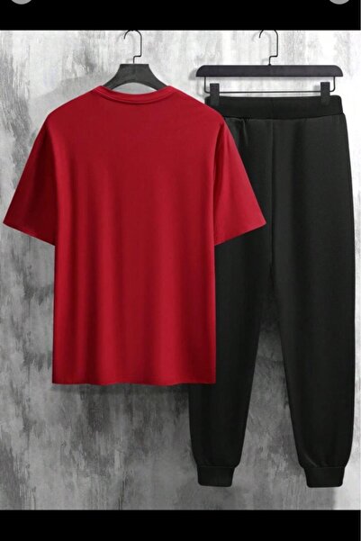 NO 601 Men's Red Milano Printed T-Shirt Black Tracksuit Bottom Top Set