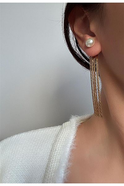 Pelin Aksesuar Ghost Steel Earrings with Gold Chain and Pearls