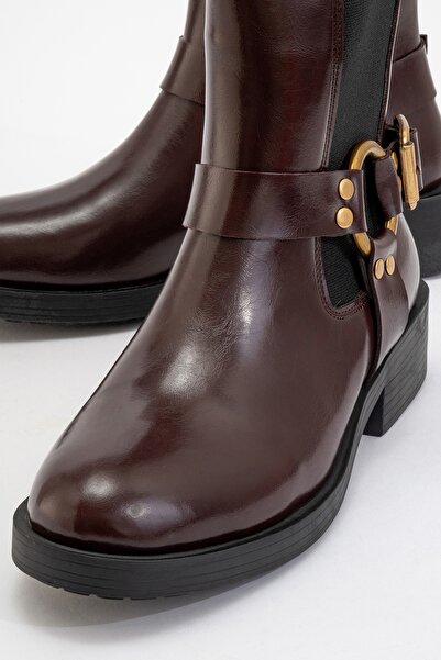 LuviShoes STONE Bordo Cilt Tokalı Lastikli Fermuarlı Kadın Bot