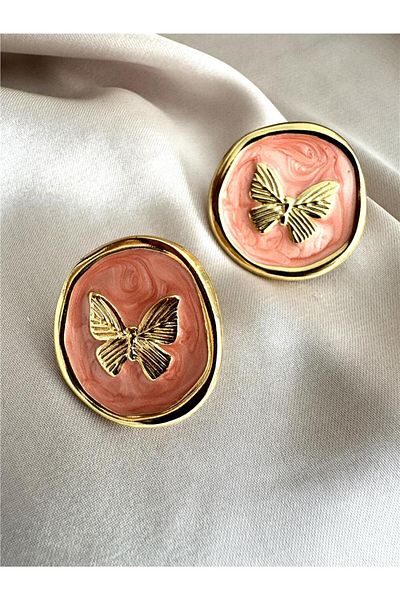 Pelin Aksesuar Salmon Pink Butterfly Steel Earrings