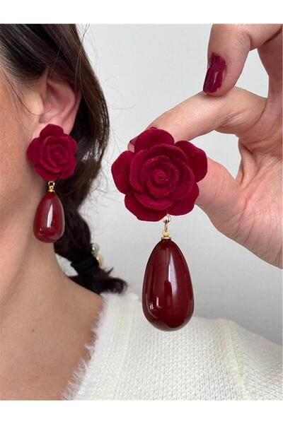 Pelin Aksesuar Big Earrings with Burgundy Rose and Drop Stones