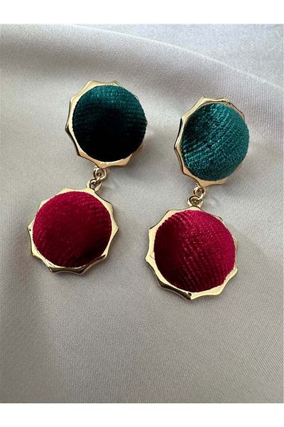 Pelin Aksesuar Green Burgundy Velvet Beaded Earrings