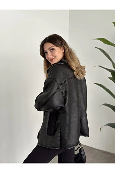 VESS MODA Içi Komple Yün Lamineli Fermuarlı Deri Biker Buklet Mont
