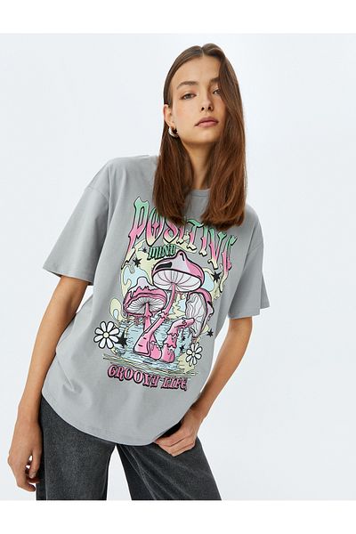 Koton Crew Neck Slogan Printed Oversize Short Sleeve Cotton T-Shirt