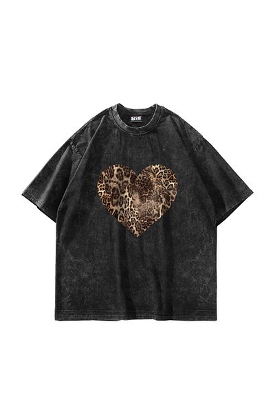 Sekizbiraltı Unisex Oversize Μαύρο T-Shirt - 24/1 Model, Heart Leopard Printed