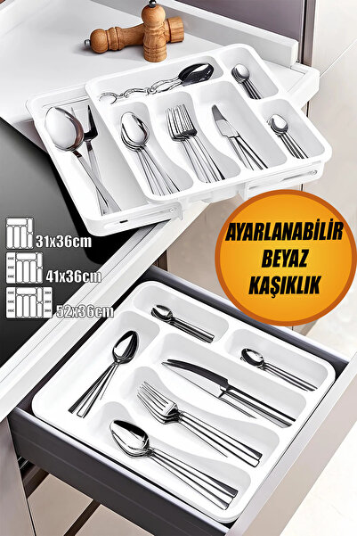 NUBLADO Beyaz Açılabilir Ayarlanabilir Kayar Kaşıklık Çekmece İçi Bıçak Kaşık...