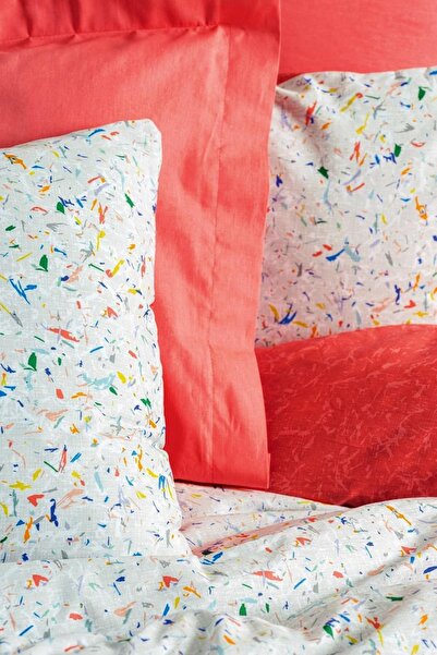 Cotton Box Petite Tek Kişilik Lastikli Çarşaflı Nevresim Takımı Messy Mercan, %100 Pamuk Ranforce 57 Tel Kumaş.