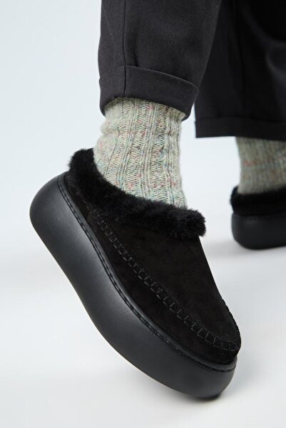 Manijero (Bazin Kürklü) Жіночі справжні шкіряні сабо з хутром на платформі, чорні тапочки