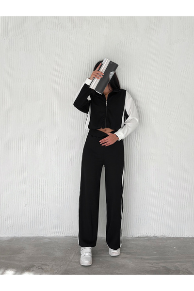 02Lady Fashion Garni̇li̇ Trening din țesătură modal cu fermoar cu detaliu de dungi