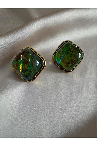 Pelin Aksesuar Green Variegated Stone Square Earrings