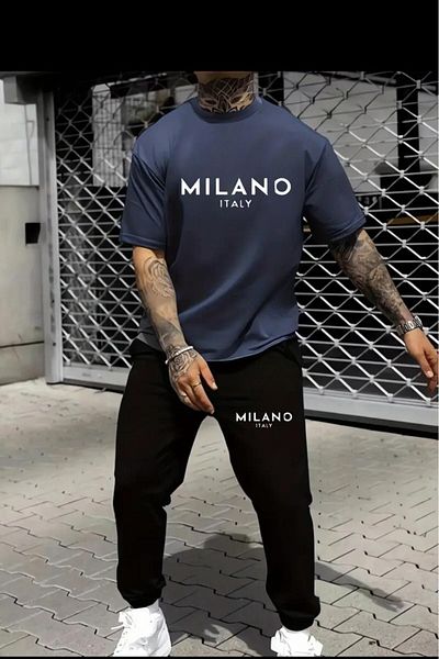 NO 601 Men's Navy Blue Milano Printed T-Shirt Black Tracksuit Bottom Top Set