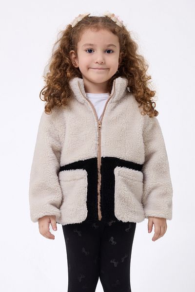 Firststops Sports Girl's Plush Ecru Black Zippered Welsoft Coat