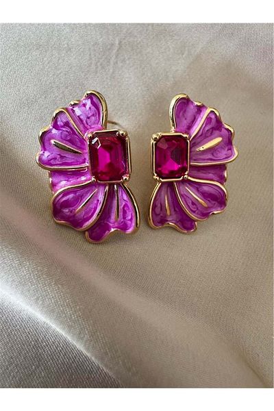 Pelin Aksesuar Fuchsia Stone Half Flower Earrings