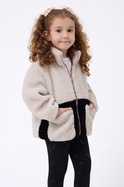 Firststops Sports Girl's Plush Ecru Black Zippered Welsoft Coat