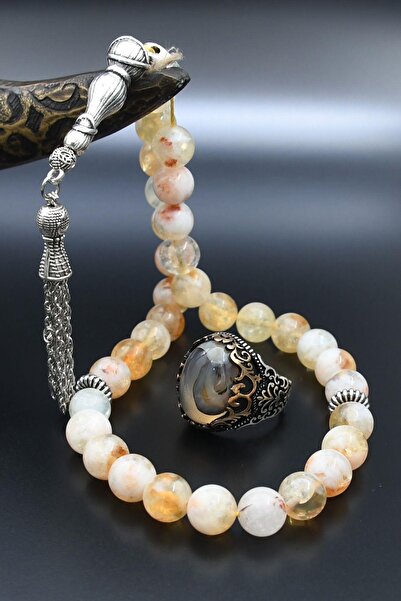 Prestige Doğal Sitrin Taşlı Tesbih Ve 925 Ayar Gümüş Erkek Yüzüğü Yemen Akik ...