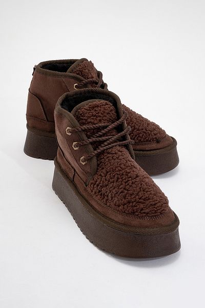 LuviShoes Γυναικείες αθλητικές μπότες TYSON Brown Suede Shearling με χοντρή σόλα με κορδόνια