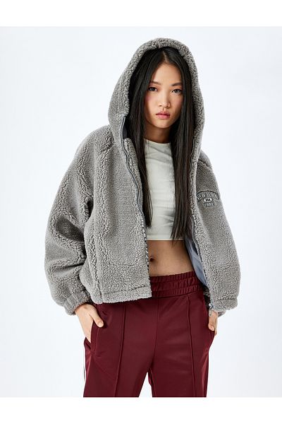 Koton Zippered Hooded Oversize Embroidered Plush Coat