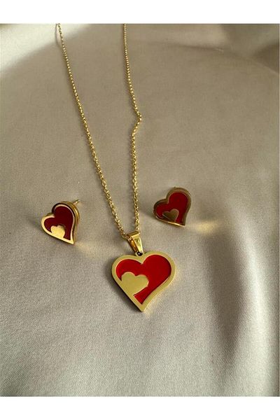 Pelin Aksesuar Red Heart Steel Necklace Earring Set