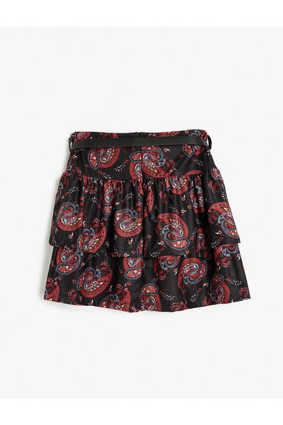 Koton Ethnic Patterned Belted Layered Flounced Flared Mini Skirt