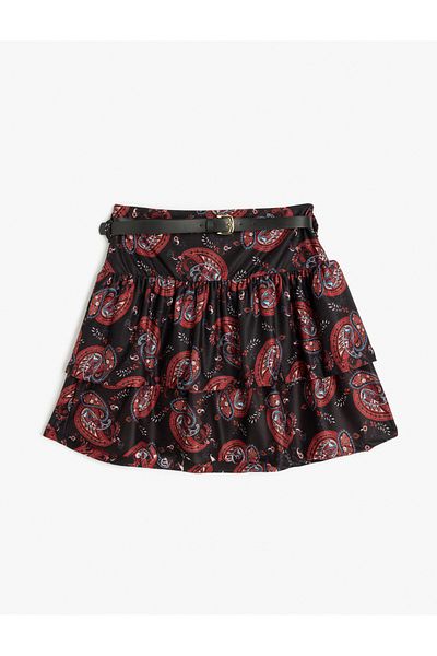Koton Ethnic Patterned Belted Layered Flounced Flared Mini Skirt