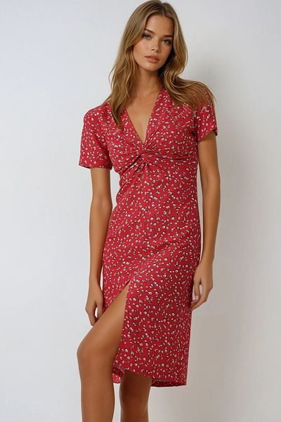 VAGGON Women's Red V-Neck Front Knotted Floral Print Woven Dress Prmx11741