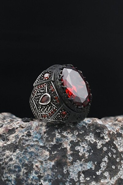 Prestige Doğal Damarlı Akik Taşlı Tesbih Ve 925 Ayar Gümüş Erkek Yüzüğü Kırmızı Zirkon Taşlı 901427