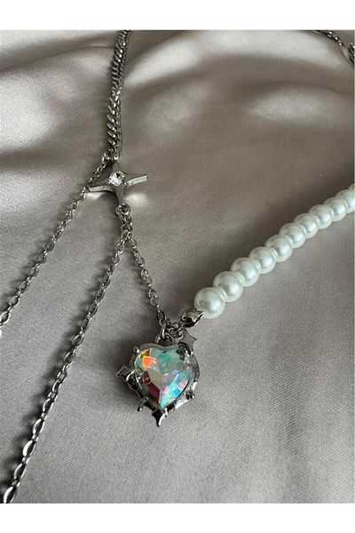 Pelin Aksesuar Silver Stone Heart and Pearl Necklace