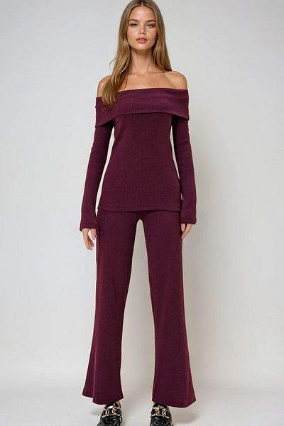 VAGGON Set bluză și pantaloni pentru damă, cu guler Madonna, roșu Claret - Prmx13060