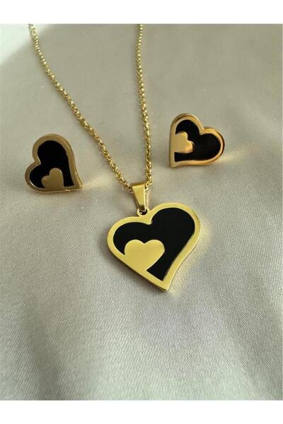 Pelin Aksesuar Black Heart Steel Necklace Earring Set