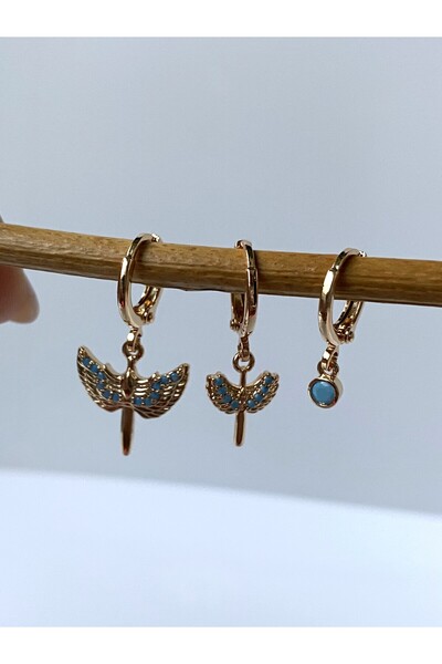 kurukafagift Mikail Melek Gold Renk Mavi Taşlı Üçlü Küpe Seti