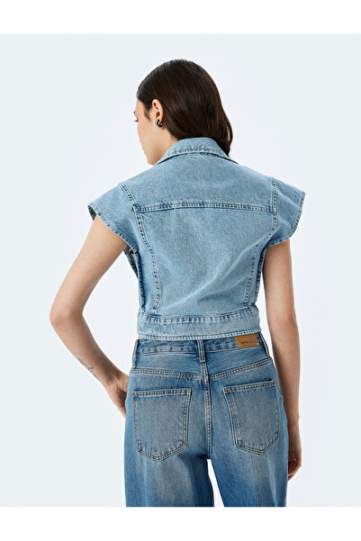 Koton Kolsuz Kruvaze Yaka Crop Denim Düğmeli Yelek