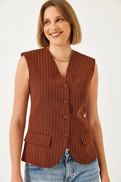 Bianco Lucci Γυναικείο γιλέκο με ριγέ V λαιμόκοψη 60342 60271014