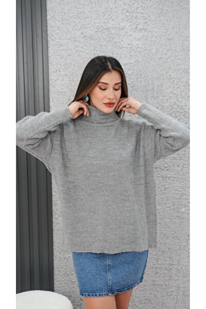 Neva Wear Boğazlı Şardonlu Oversize Kazak Gri