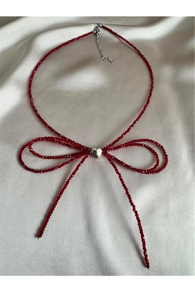 Pelin Aksesuar Red Crystal Bow Necklace