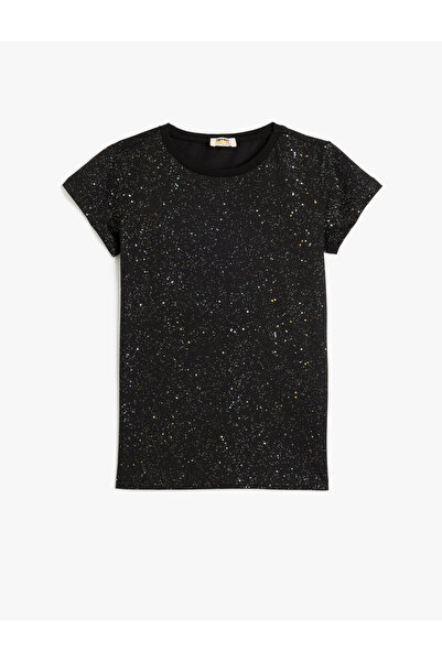 Koton Βαμβακερό μπλουζάκι με λαιμόκοψη με λεπτομέρεια Glitter
