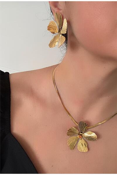 Pelin Aksesuar Gold Steel Flower Necklace Earring Set