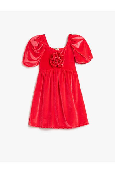 Koton Balloon Sleeve Crew Neck Floral Appliqued Velvet Dress